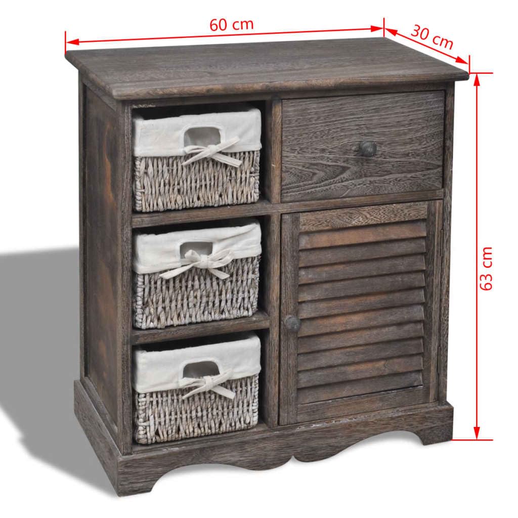 Cassettiera con 3 cestini, marrone, armadio in legno di paulownia, scaffale in stile rustico per corridoio e soggiorno, armadietto con cestini, 60 x 30 x 63 cm