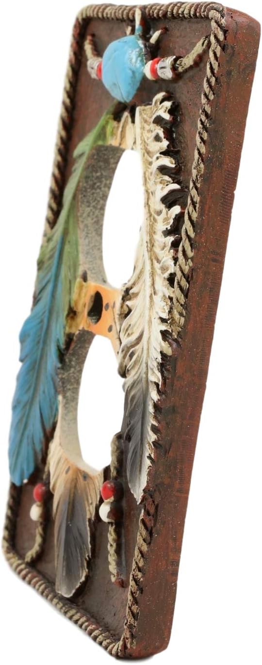 Ebros Southwestern Tribal Native American Indian 3 Feathers Turquoise Stone and Beads Dream Catcher Design Bathroom Vanity Accent Figurine Decor (Double Receptacle Outlet Plate Cover Set of 2)