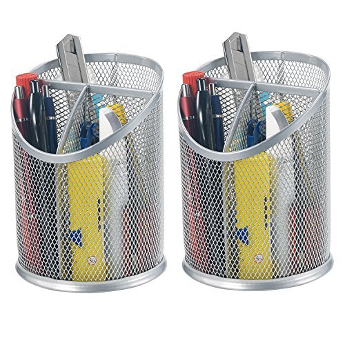 bonsaii 2-Pack Round Steel Mesh Pen Pencil Desk Holder Organizer 3 Compartments,Sliver(W6808)