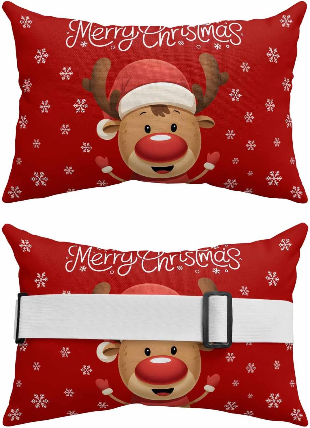 Pack of 2 Outdoor Lumbar Pillow Covers 11x16 Inch, Merry Christmas Waterproof Throw Pillow Covers Set, Red Winter Xmas Cartoon Deer Snowflake Indoor&Outdoor Cushion Cases for Patio Porch Beach