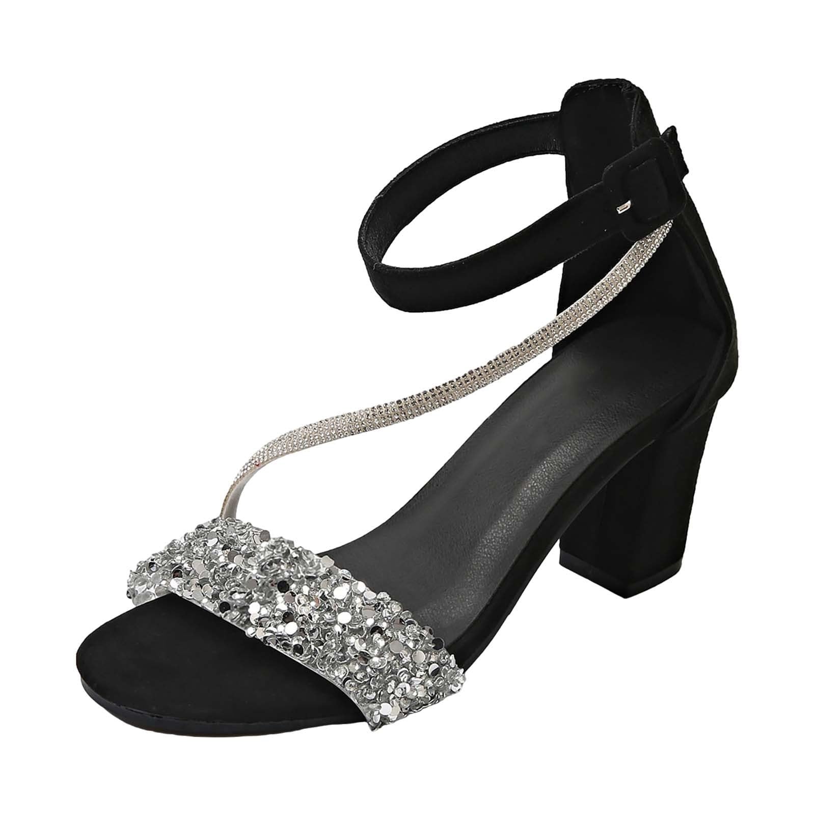 Scarpe da sera da donna, eleganti con brillantini, con tacco a blocco, sandali da donna, eleganti da donna, con strass, per compleanno, per addio al nubilato
