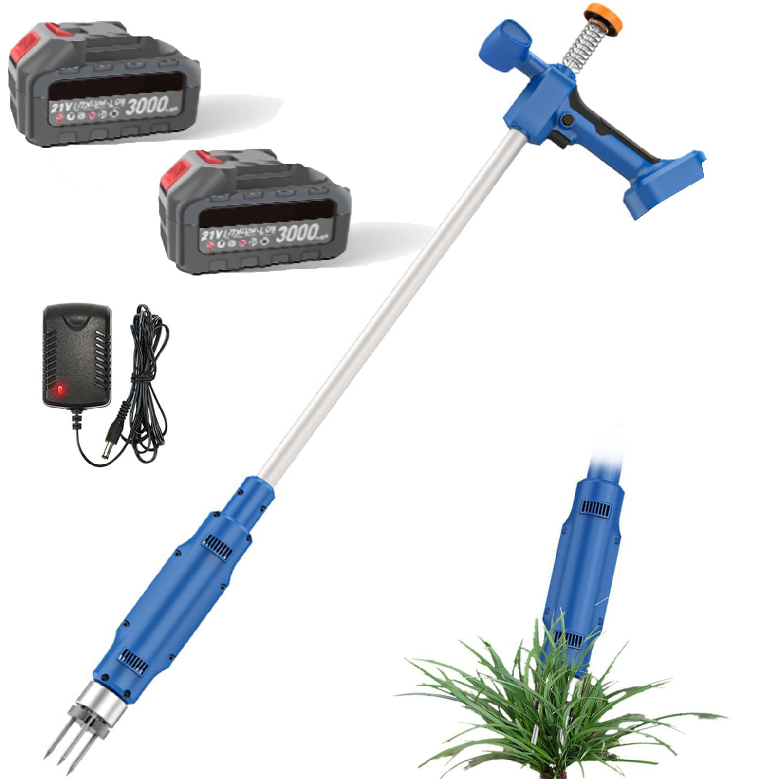 Herramienta extractora de raíces eléctrica, extractor de malas hierbas inalámbrico de 500 W con baterías recargables duales, removedor eficiente de raíces de césped y patio