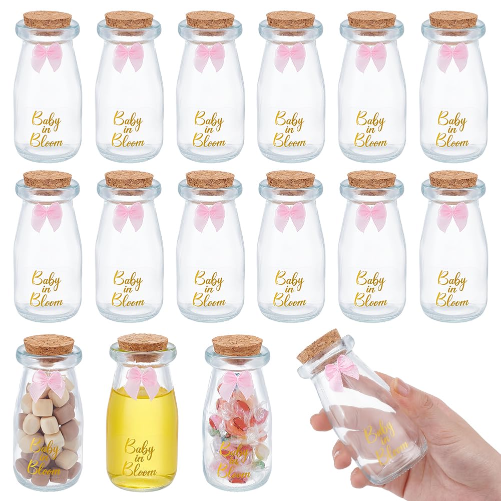 UNICRAFTALE 16Pcs 10cm Milk Glass Bottles with Ribbons and Stickers Clear Baby Shower Glass Bottles with Lids Pink Party Favors Gender Reveal Candy Jars for Baby Shower Decor Newborn Centerpiece