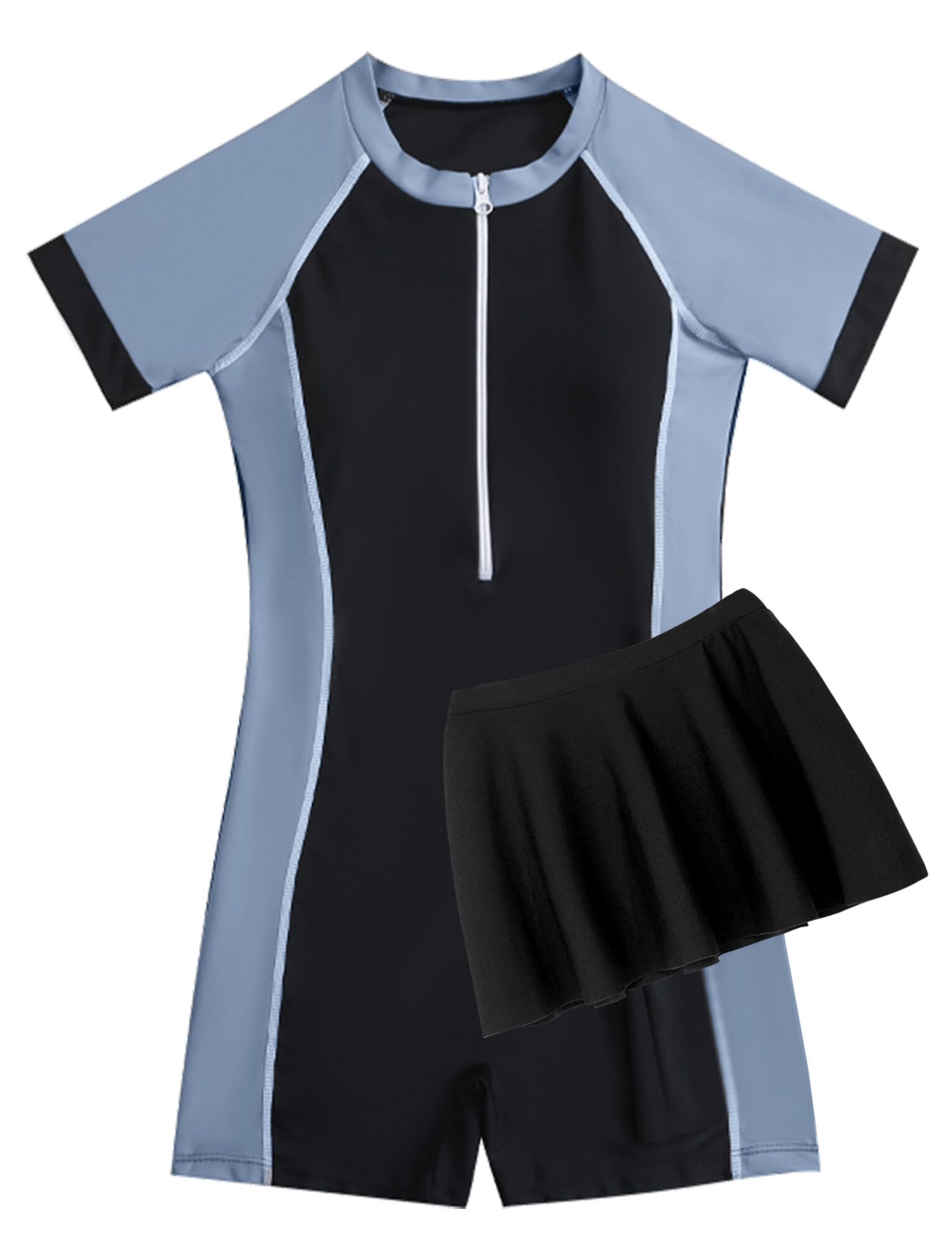 Girl Zipper Bathing Suits Sun Protection Rash Guard Swim Dress Short Sleeve Swimsuit Two Piece Sun Protection Beach Swimwear