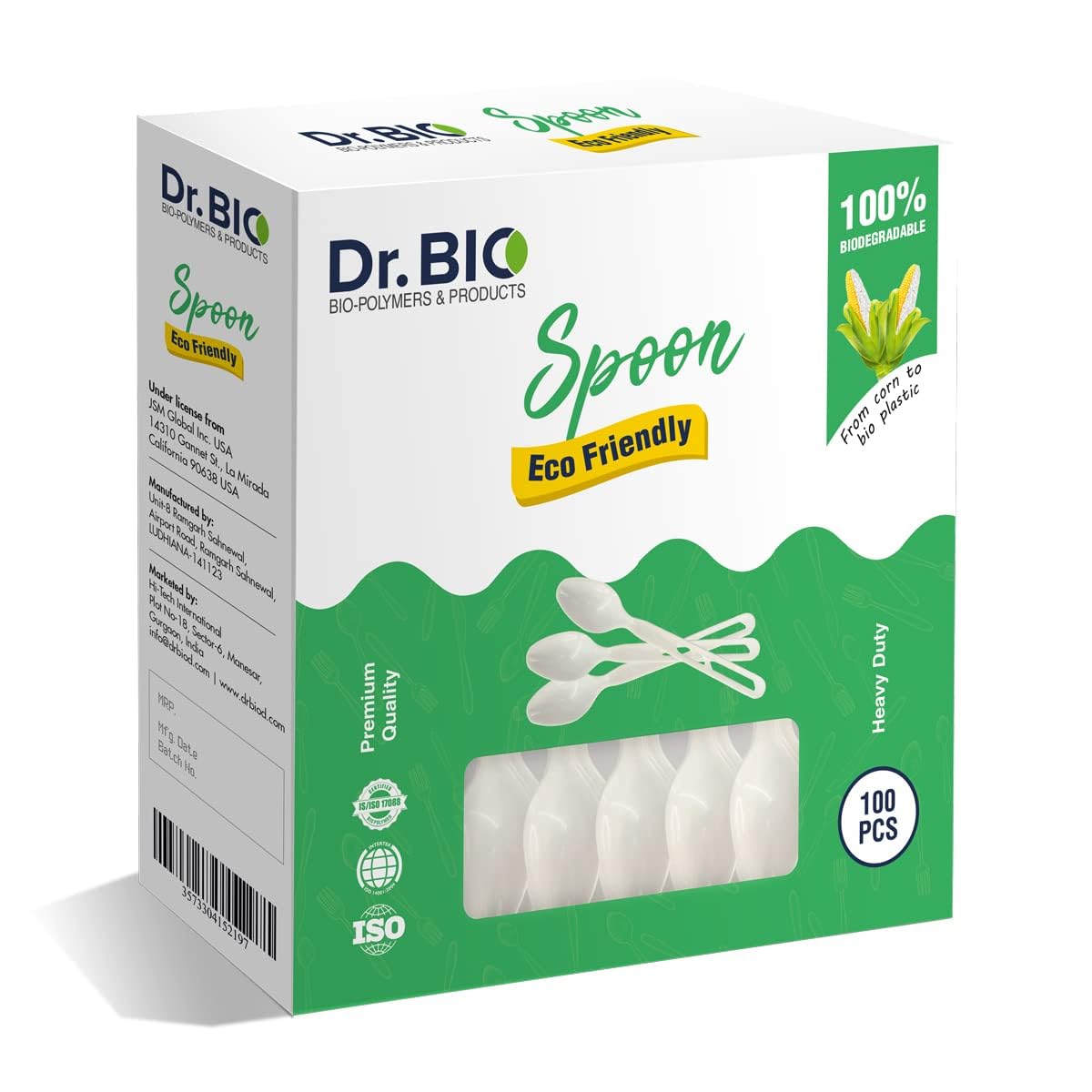 Dr. Bio Biodegradable Compostable Spoon Eco Friendly, Thick Quality, Made of Corn Starch Cutlery (3 cm x 14 cm) - 100 Nos. (Pack of 100, 2)