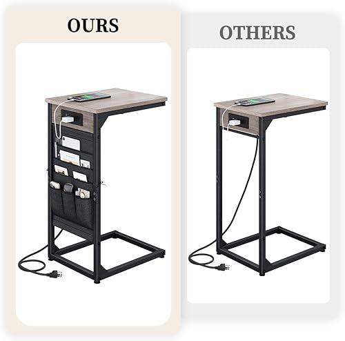 Miniatura 4 de Mesa auxiliar en forma de C con estación de carga rápida, mesa auxiliar de sofá pequeña con bolsa de almacenamiento, mesa de bandeja de sofá para