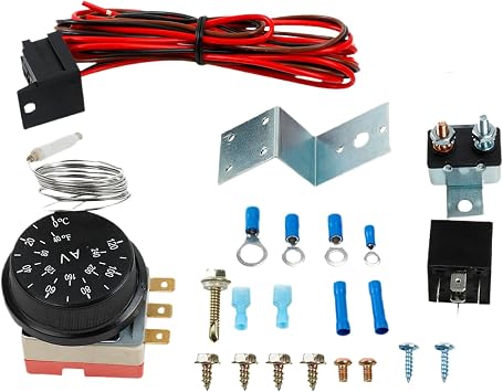 Adjustable 12V Electric Radiator Fan Thermostat Controller Kit with 40A Relay, 30A Circuit Breaker, and Wiring Harness for Vehicles