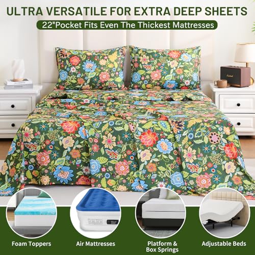 Image of Bedlifes Extra Deep Pocket 18-24 inch King 4-Piece Sheet Set - Cooling Sheets Blend Rayon Derived from Bamboo Soft & Breathable Floral Dark Green
