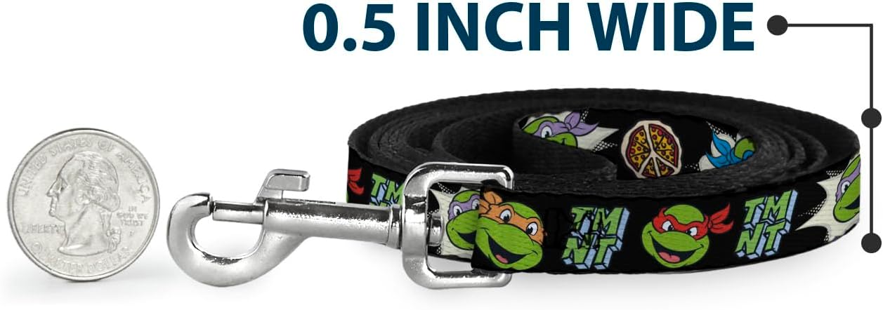 Nickelodeon ペットリーシュ、犬用リーシュ、ティーンエイジミュータントニンジャタートルズの顔とアイコンマルチカラー。長さ4