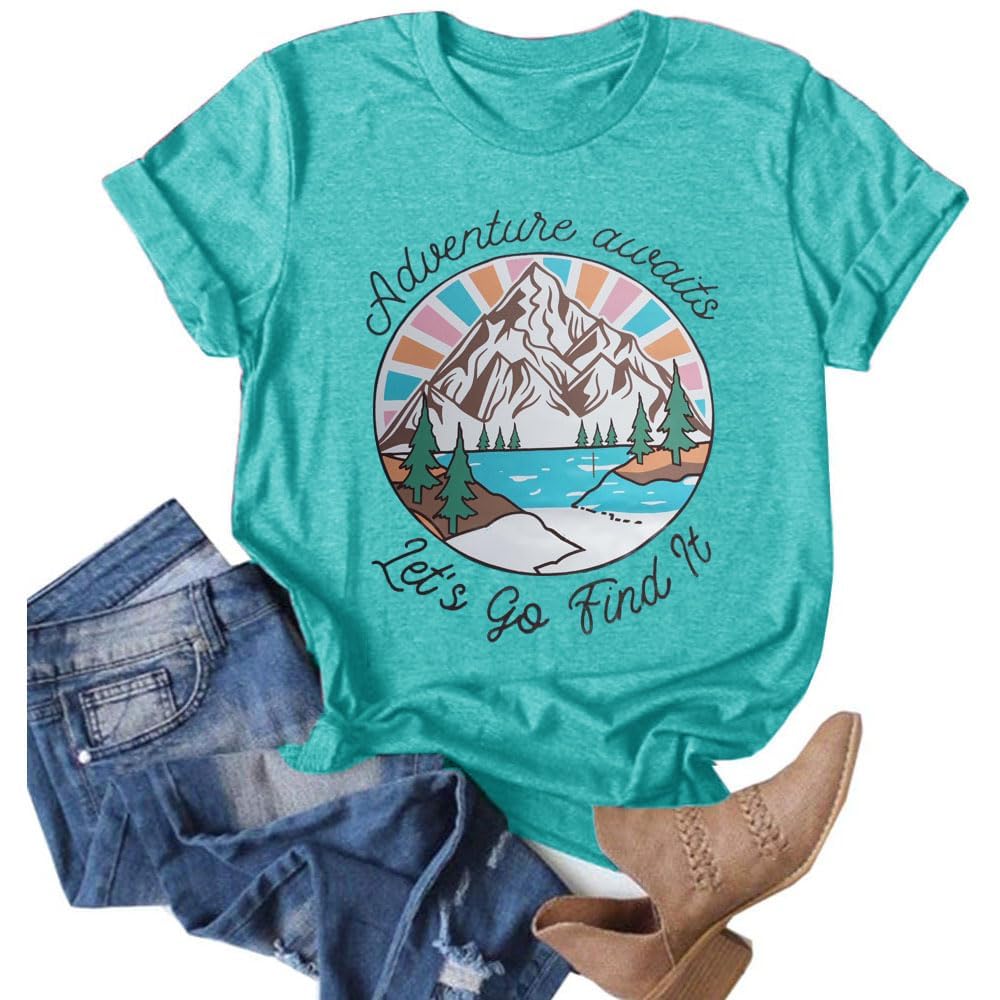 Women Mountain Shirts and So The Adventure Begins Tshirt Sunshine Moon Nature Pine Graphic Tees Heart Let's Go Find It Top