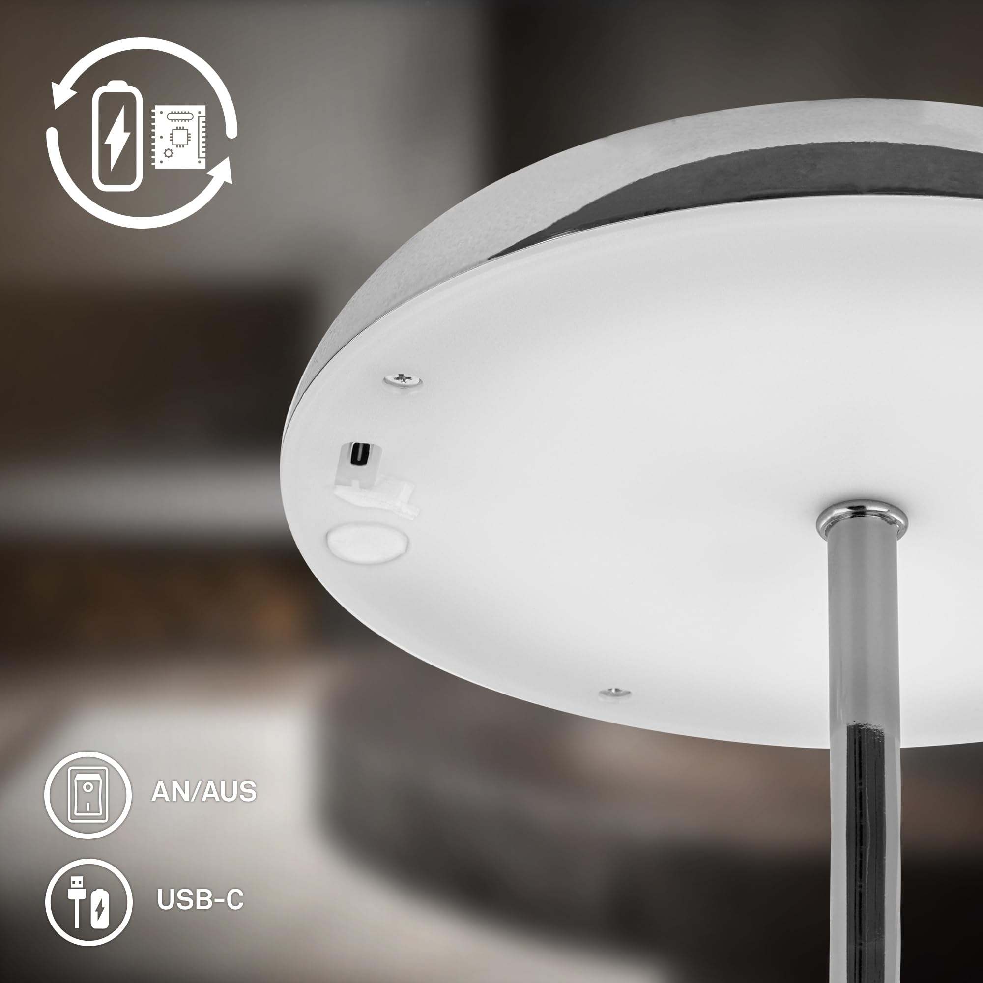 BRILONER - Lampara de mesa sin cable LED IP44 con borde luminoso, regulador táctil, batería intercambiable, lampara mesita noche sin cable, lampara mesa recargable, 19,5x30,5 cm, cromo