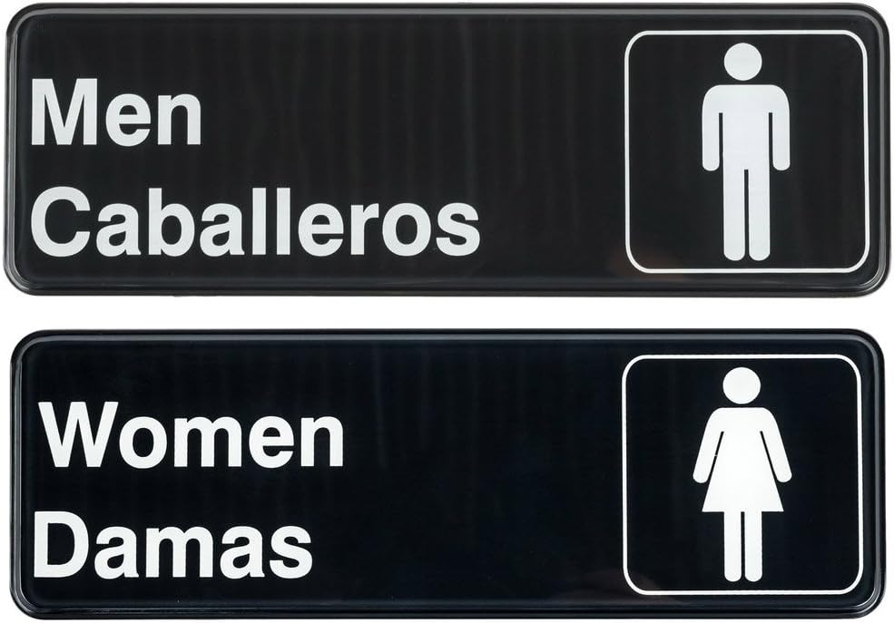 Men/Caballeros & Women/Damas Restrooms Signs Set, Toilet Door Plate for Business Restaurant, 3" x 9"