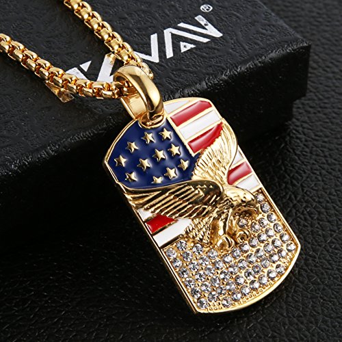 HZMAN Men's 18k Gold Plated Stainless Steel 3D Eagle American Flag Dog Tag CZ Pendant Necklace (Dog Tag - B)3