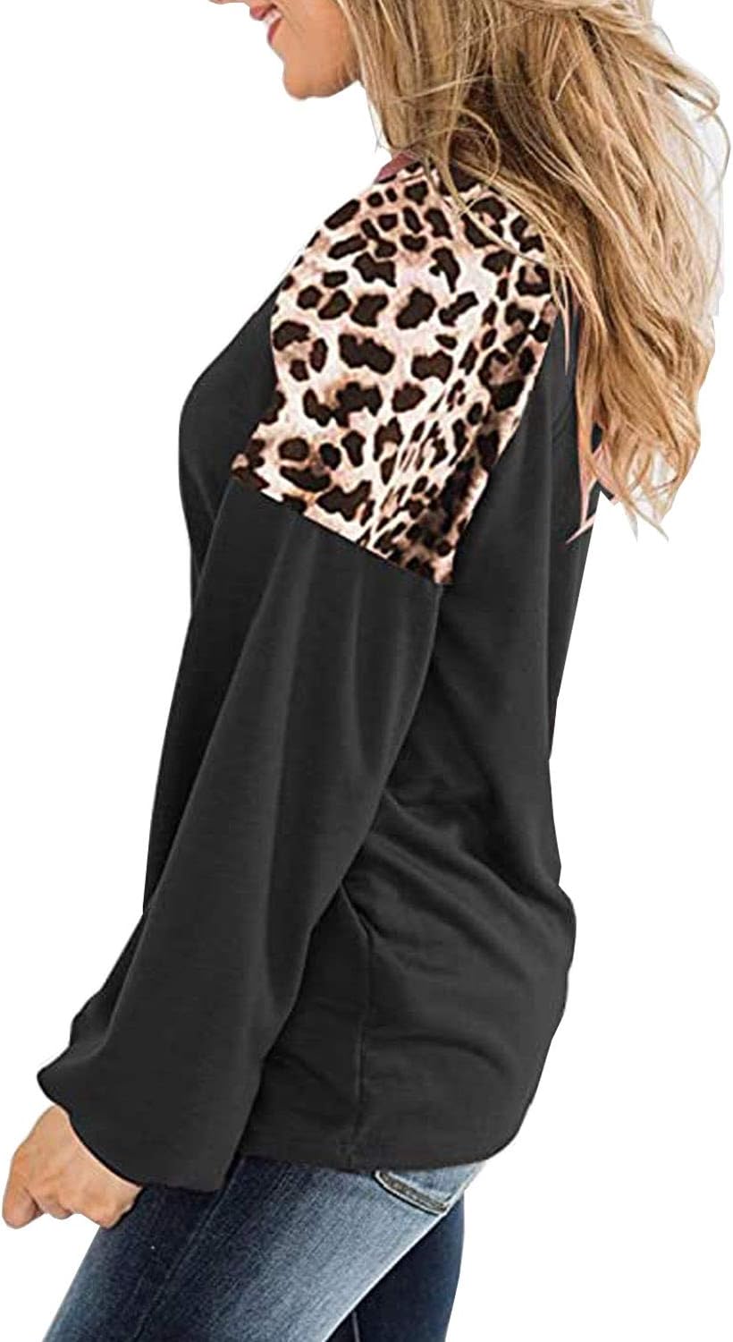 Womens Leopard Print Long Sleeve Shirts Fall Casual Crewneck Color Block Tops Sweatshirts - Image 3