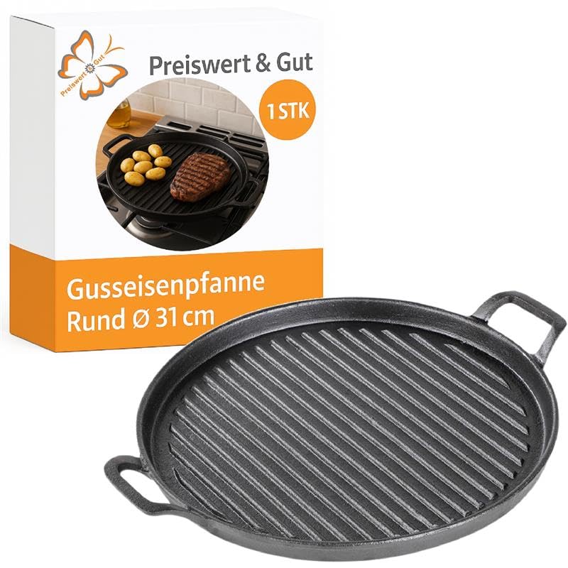 Preiswert&Gut Gusseisenplatte rund Ø 31 cm – massive 2,9kg Grillplatte aus Gusseisen Pfanne mit Griffen Grillpfanne für BBQ, Grill, Herd & Ofen gleichmäßige Wärmeverteilung