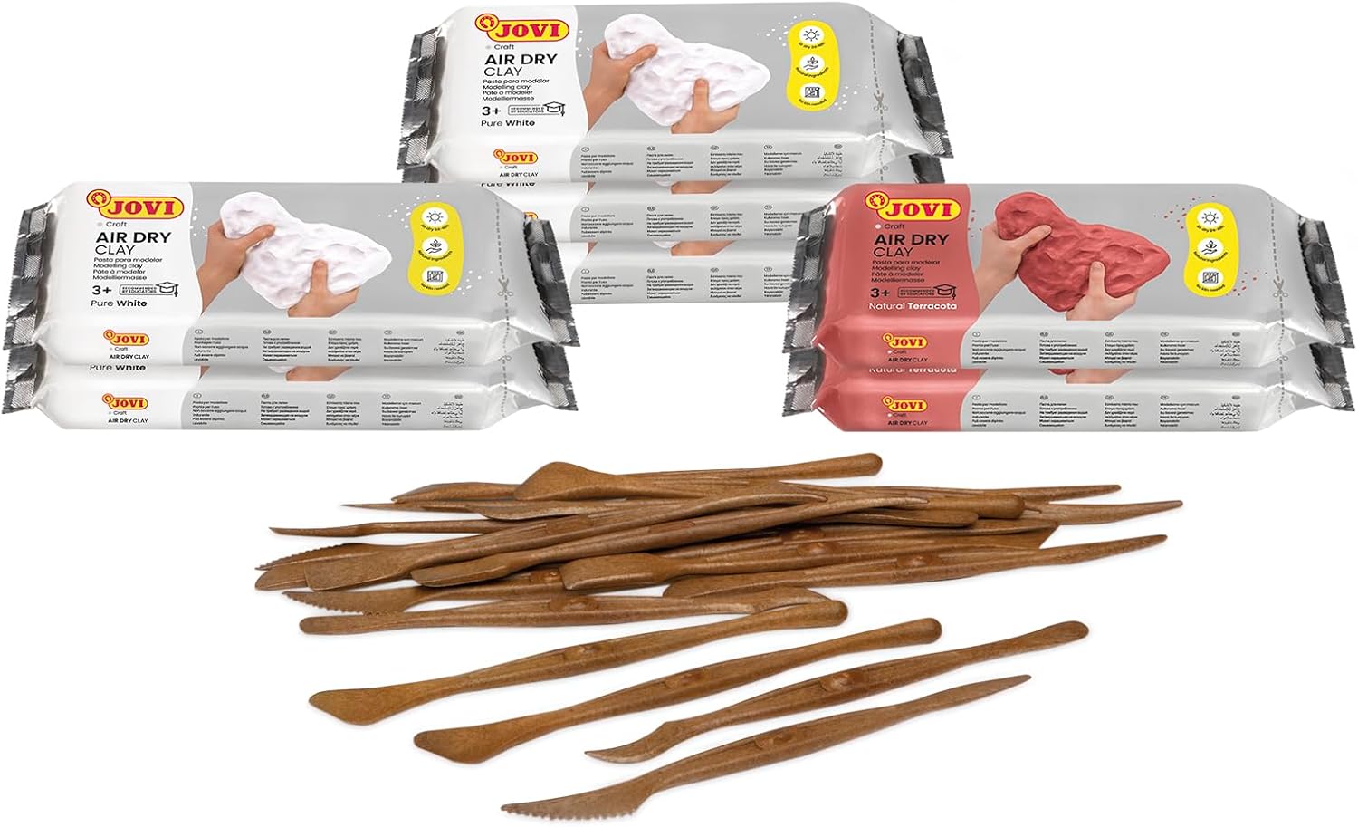 Jovi - Complete Air Dry Clay Set, 5 White and 2 Terracotta 1.1 lb bars + 20 Sculpting Tools in a Plastic Container, Easy to Storage and Carry, Pottery Supplies
