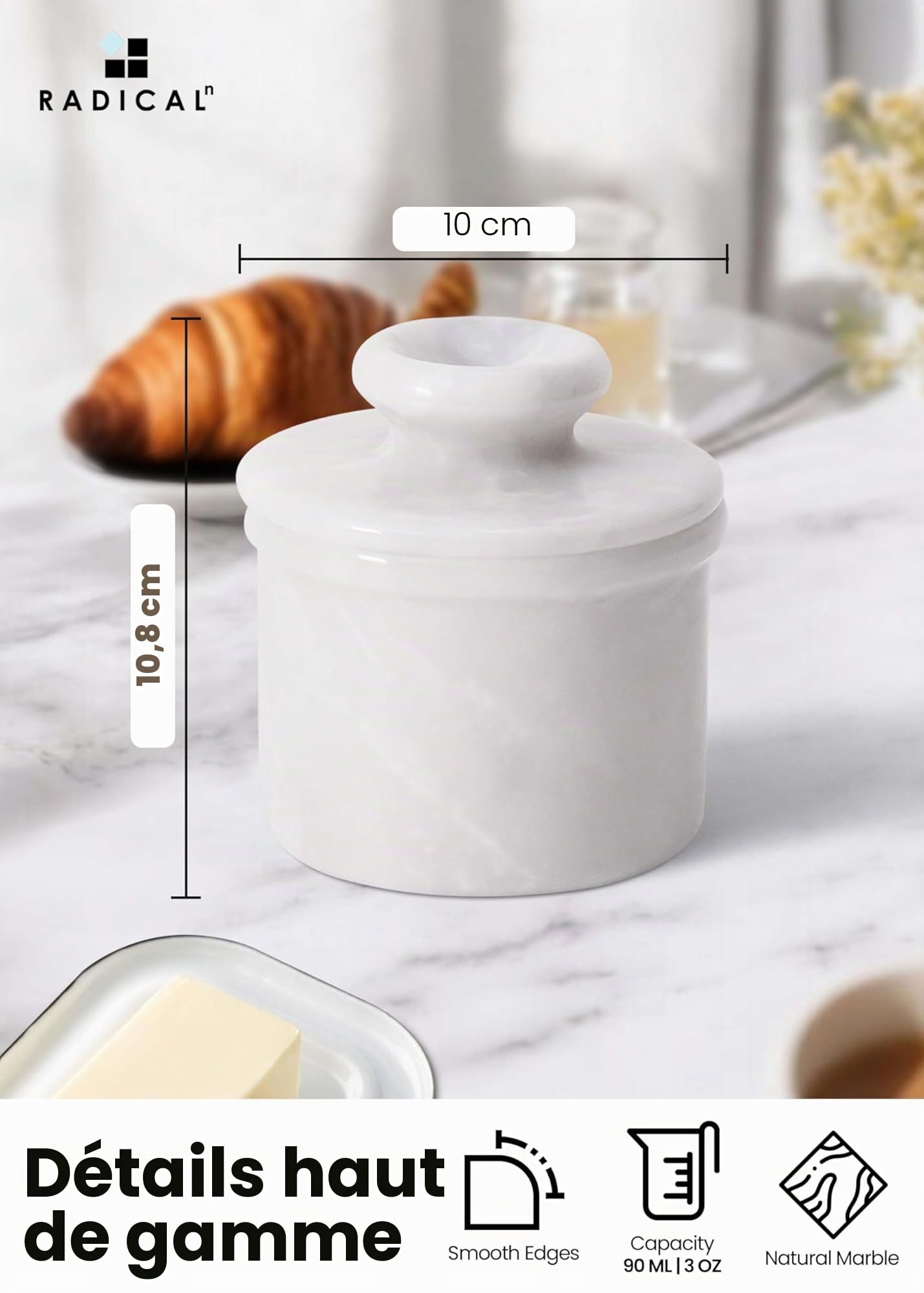 Radicaln Pot à beurre en marbre 10,8 cm, blanc fait à la main pour comptoir de cuisine, pot à beurre idéal pour comptoir avec eau et beurre pour la cuisine