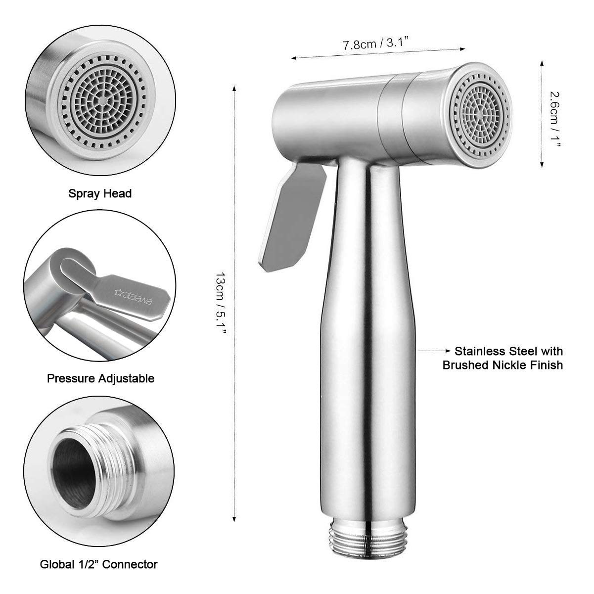 BbfStyle - Marque Française - SUS 304 Double Jet - Standard Français (3/8") - Kit douchette WC pour l'hygiène intime avec Vanne 3 voies - Métallique - Finition Nickel Brossé - Taharet Taharat