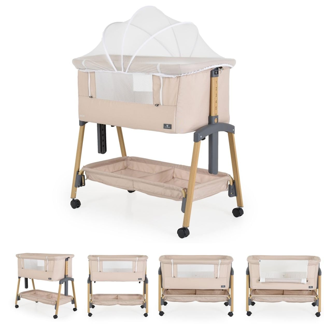 Canguro lettino, culla Adoro, regolabile, materasso, zanzariera, ruote, colorazione:beige