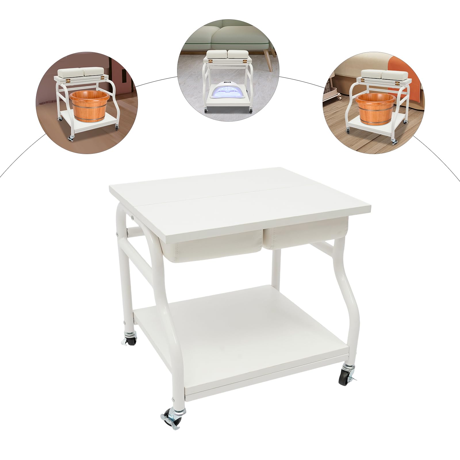Chariot pour bain de pieds - Blanc - 40 x 40 cm - Capacité de charge de 18 kg - 2 étages - Chaise de pédicure mobile avec repose-pieds - 4 roues universelles - Pour salon de beauté, studio de manucure