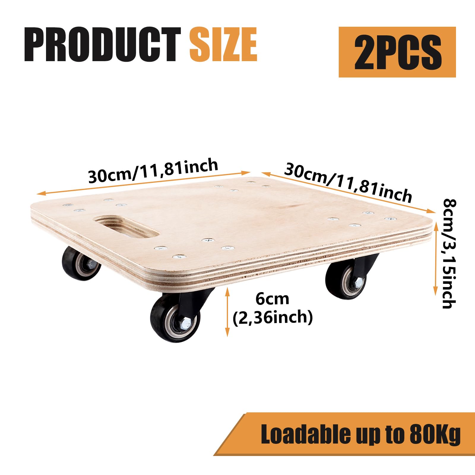 APACALI Juego de 2 ruedas de transporte de madera, 30 x 30 cm, 18 mm de grosor, capacidad de carga de 320 kg, ruedas para mudanzas y transporte