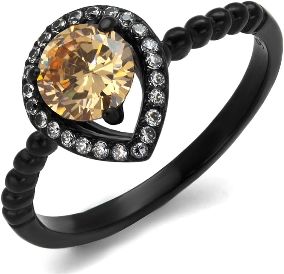 Marimor Jewelry .9 Carat Champagne Halo Cubic Zirconia Black Stainless Steel Engagement Ring Women's Size 5-10