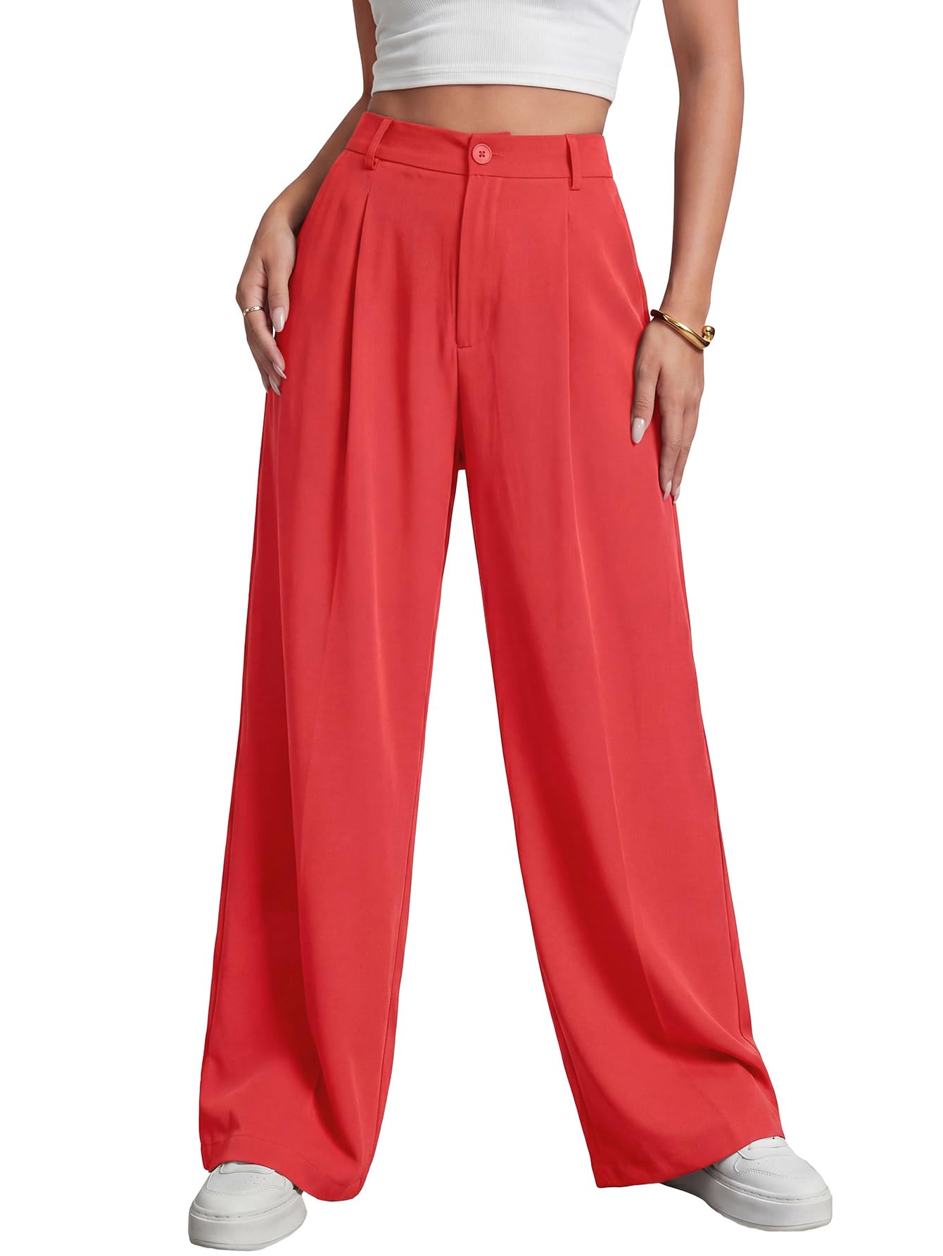 Rooscier Women's Work Dress Pants Wide Leg High Elastic Waisted Formal Business Trousers Long Straight Suit Pants