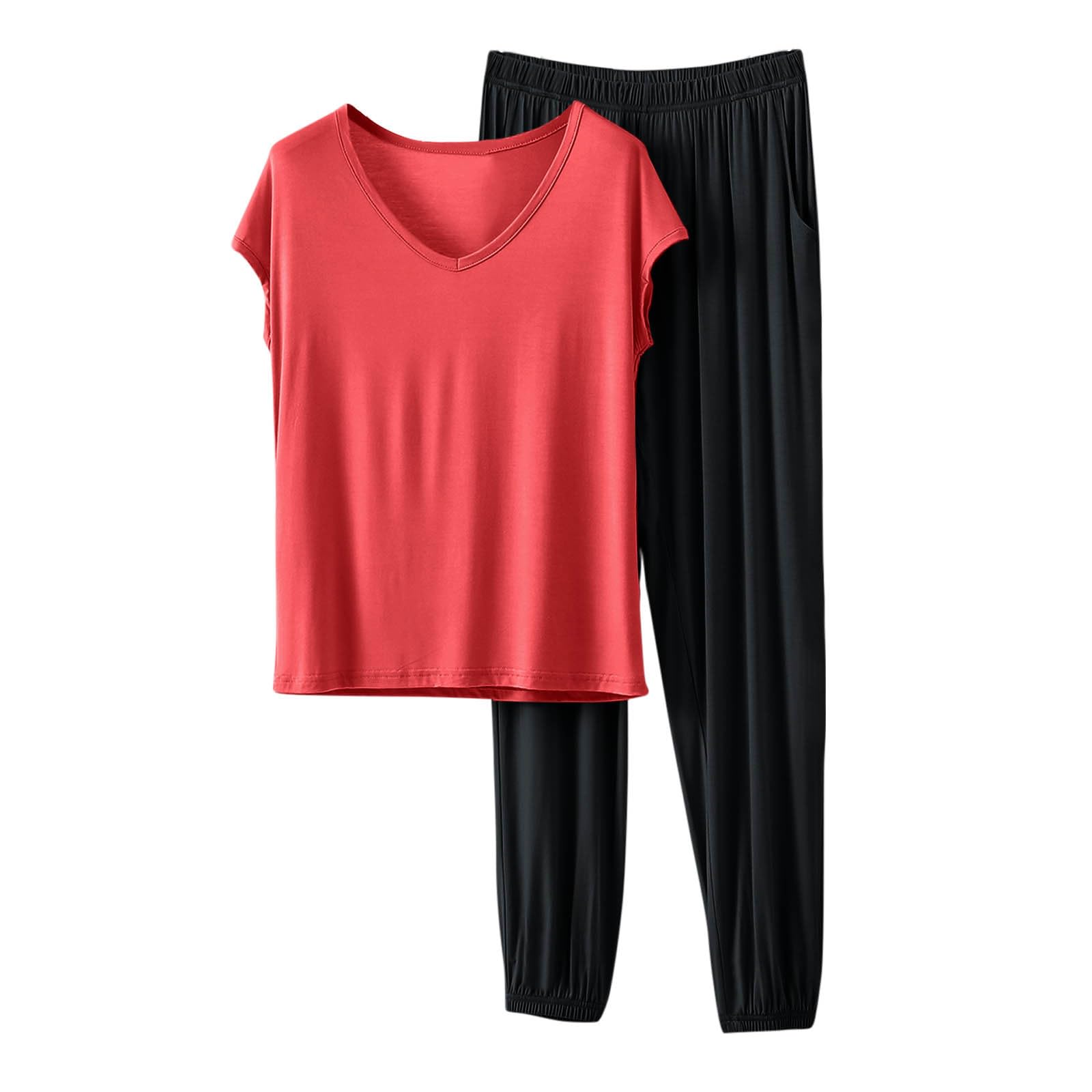 HGps8w Women's Modal Soft Summer Pajamas Sets, Loose V Neck Short Sleeve Top Joggers Pants Matching 2 Piece Lounge Outfits