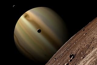 Posterazzi Artist's depiction of a gas giant planet surrounded Poster Print by three view is from the largest and farthest moon in the group, (17 x 11)