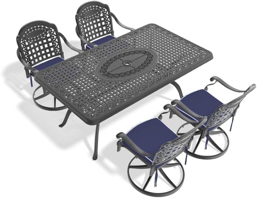 All-Weather Cast Aluminum Outdoor Dining Set with Swivel Chairs and Rectangular Table for Patio, Deck or Garden (Aluminium +5 Piece + Cushions-4)