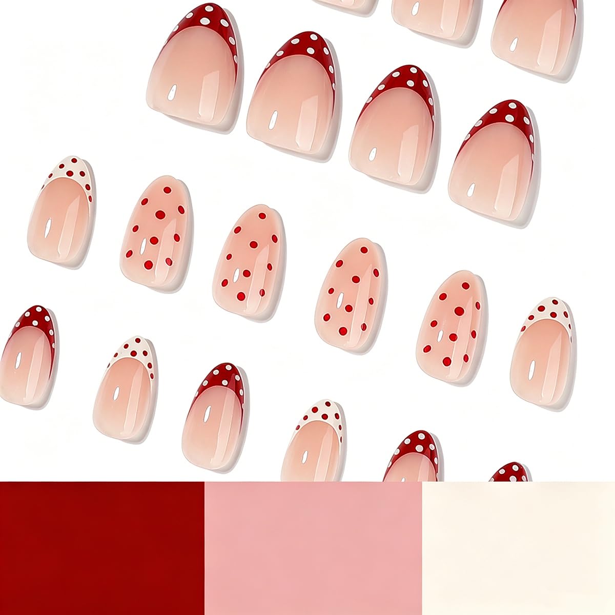 Short Almond Press on Nails Polka Dot Fake Nails French Tip False Nails with Design, Cute Stick on Nails for Women Girls Manicure 24Pcs