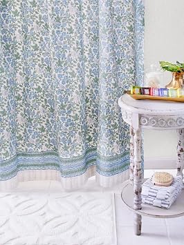 Saffron Marigold Fabric Shower Curtain, 100% Blue Cotton, 72x72 Inches, Perfect for Bathroom Decor, Farmhouse, Boho, and Vintage Styles Woodland Ferns - CP