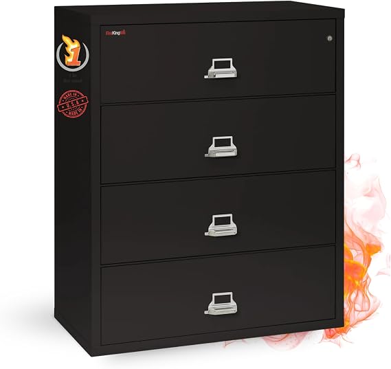 FireKing Fireproof Lateral File Cabinet (4 Drawers, Impact Resistant, Water Resistant), 44 W x 22 D, Black, Made in USA