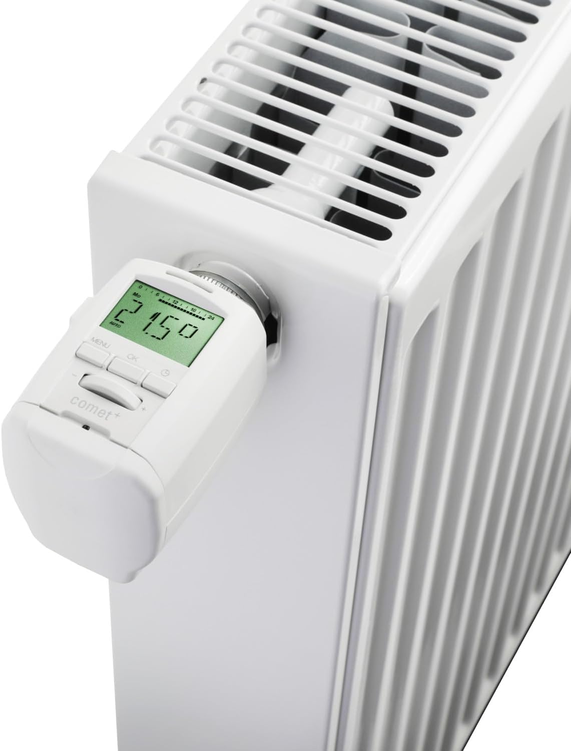 Eurotronic Comet Plus thermostat mounted on a white radiator