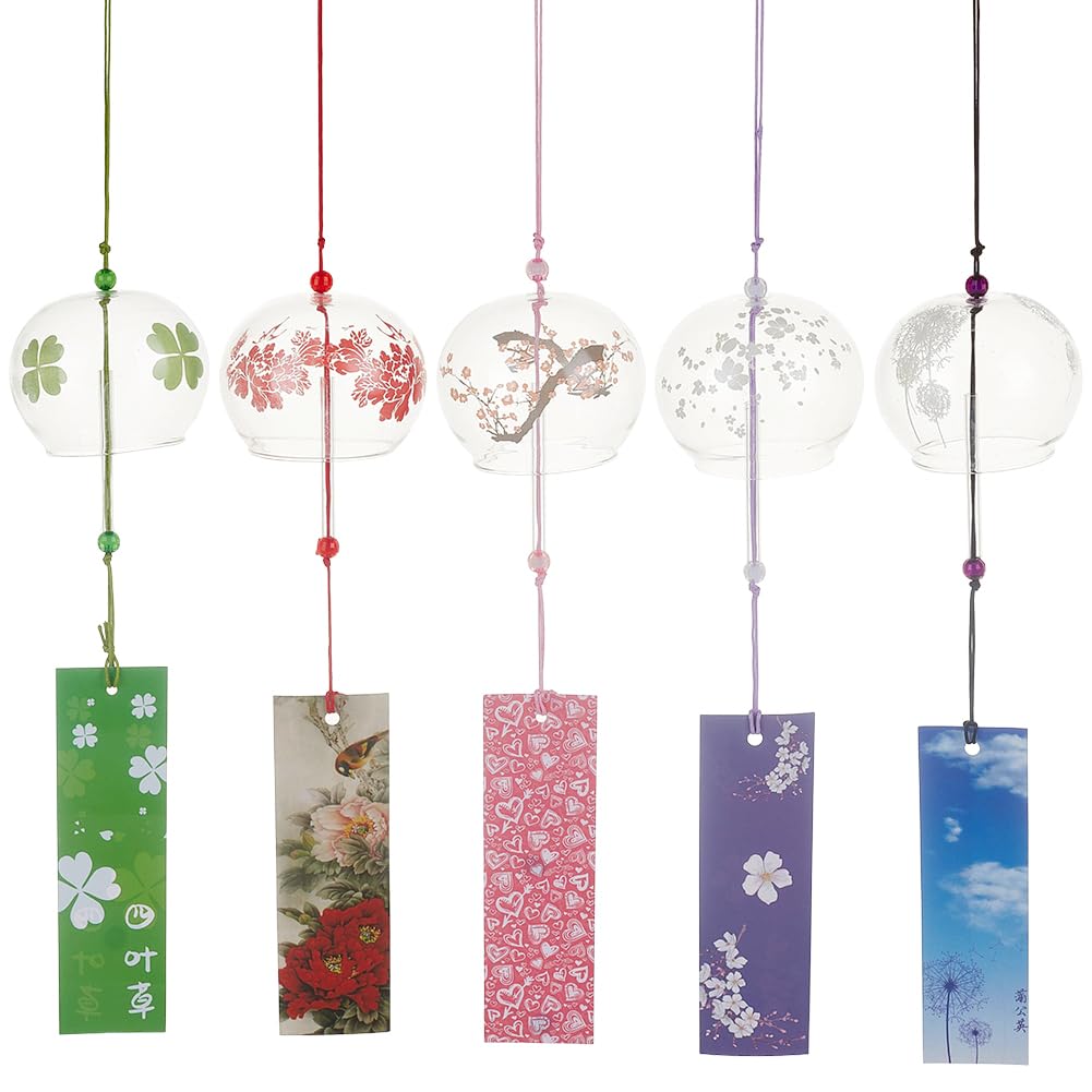 PH PandaHall 5 Stili Campanelli Eolici Giapponesi Campanelli Eolici Vetro con Etichetta 40~42cm Campane in Vetro con Motivo Floreale per Decorazione Casa Giardino Albero Terrazzo