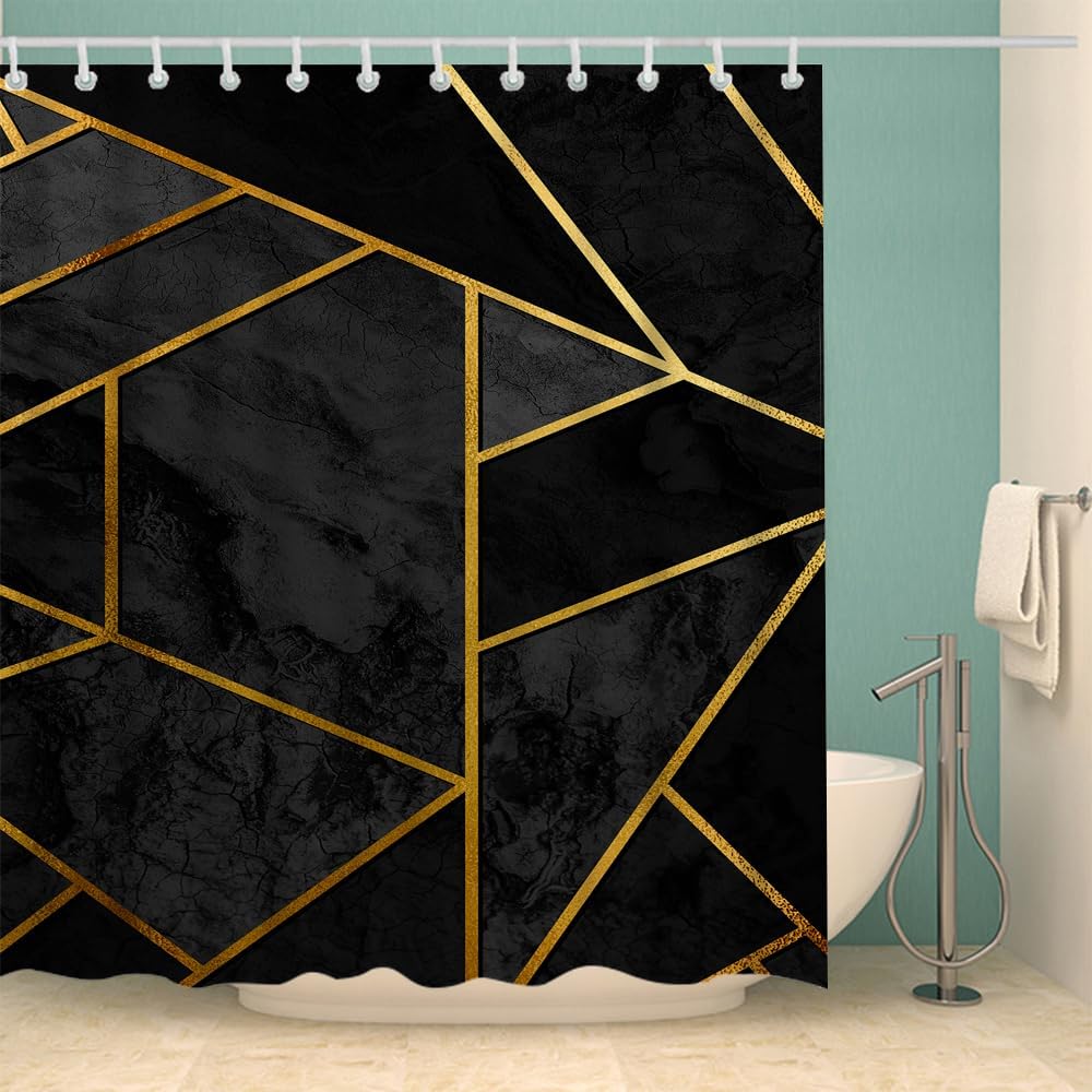 Irregular Shower Curtain Black Triangle with Golden Lines Shower Curtain with Hooks Bathroom Decorative Accessories 72 x 72 inch
