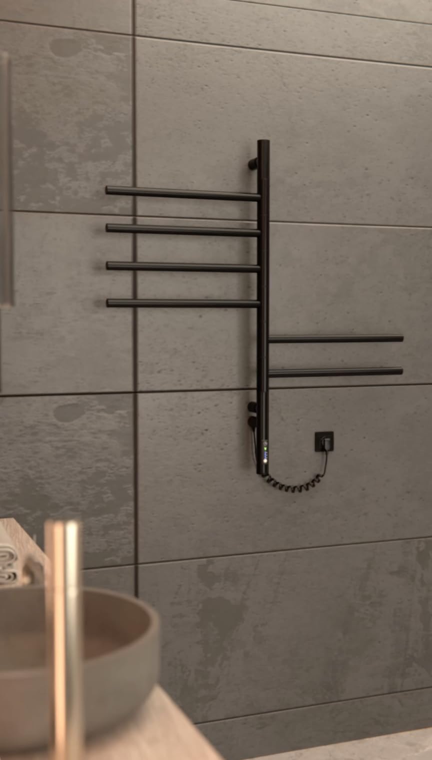Czarny grzejnik do ręczników 79x40 cm – Elektryczny 78W – 6 obrotowych ramion – Termostat + Timer – IP44 – Stylowy i oszczędny