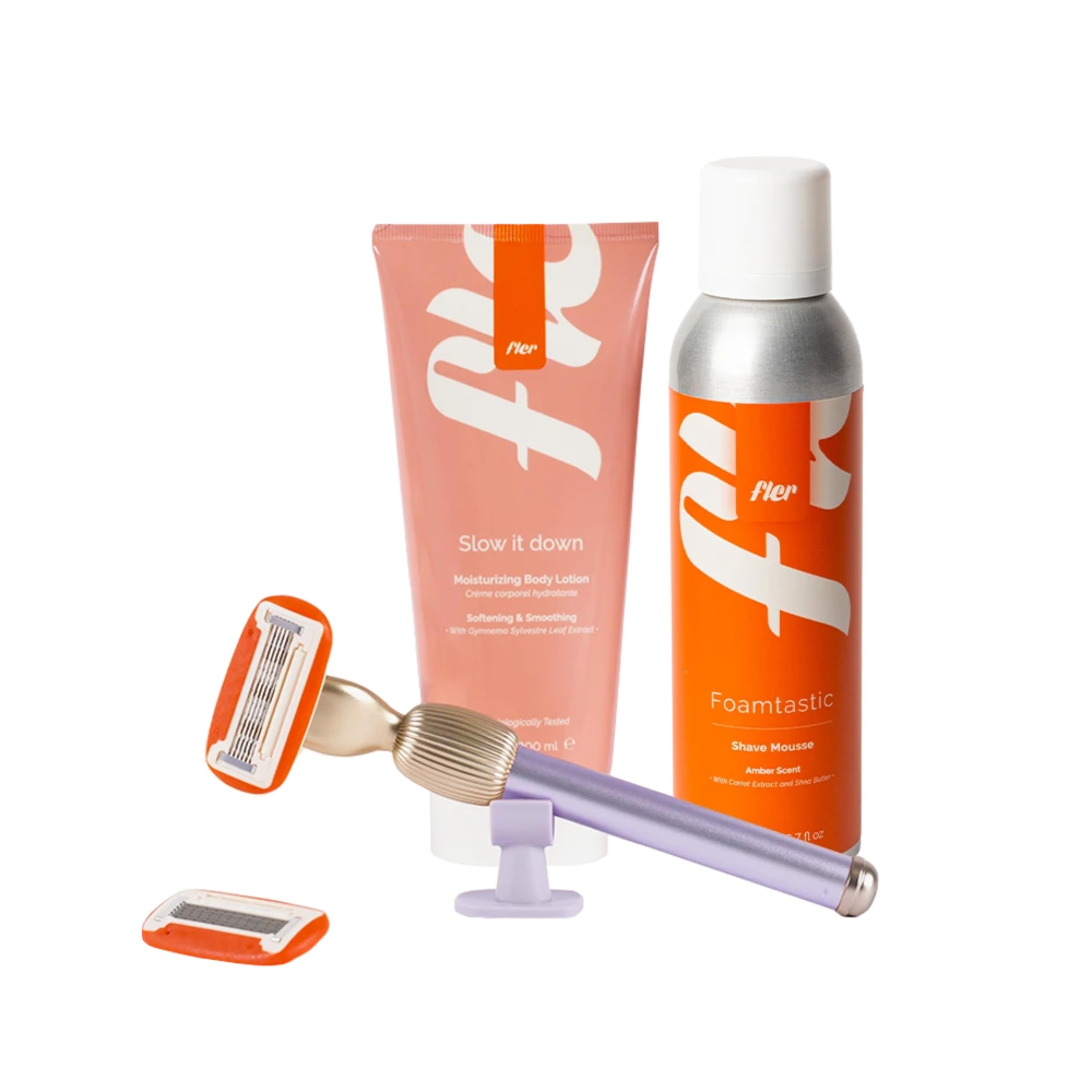 Fler Smooth Skin Set - Maquinilla de Afeitar para Mujer con Soporte y 2 Recambios, Maquinillas Unisex, Set con Mousse Depilatoria y Crema Corporal Calmante, Cuchilla con Aloe Vera (Lila, Crema 200 ml)