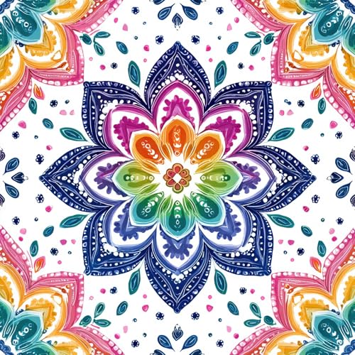 IOHEFY 10PCS 12x12 Inch Peel and Stick Floor Tiles Colorful Mandala Lotus Flower Pattern Self Adhesive Vinyl Flooring Boho Rainbow Tile Bathroom Kitchen Bedroom Backsplash Decor DIY Home Makeove