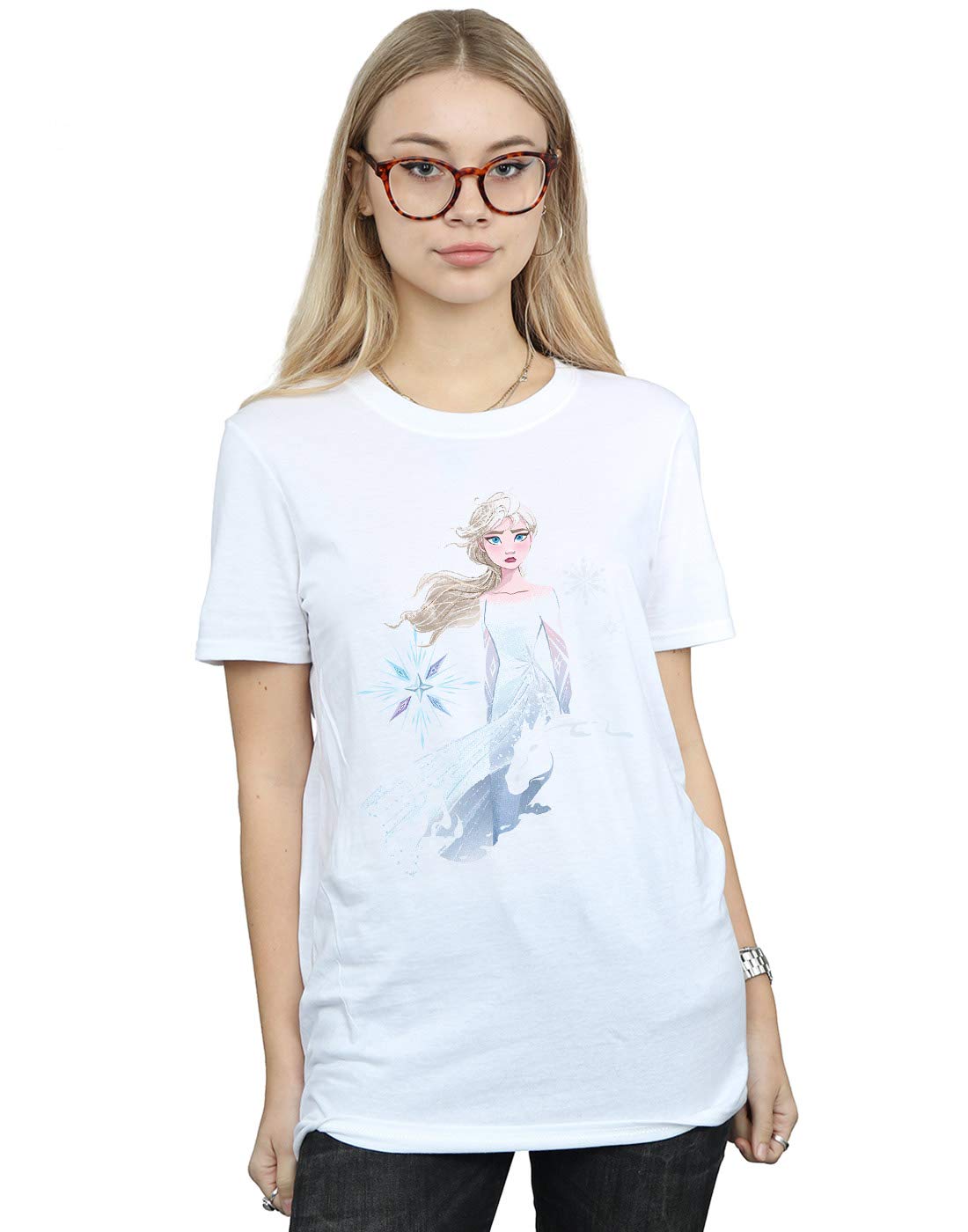 Disney Women's Frozen 2 Elsa Nokk Silhouette Boyfriend Fit T-Shirt White Large