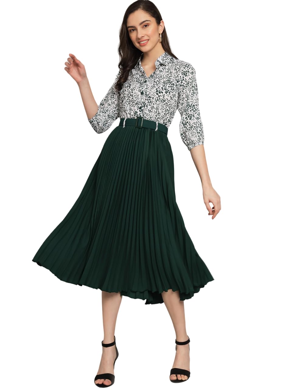 Kzully Women's Print 3/4 Sleeve Pleated Midi Dress With Belt Green