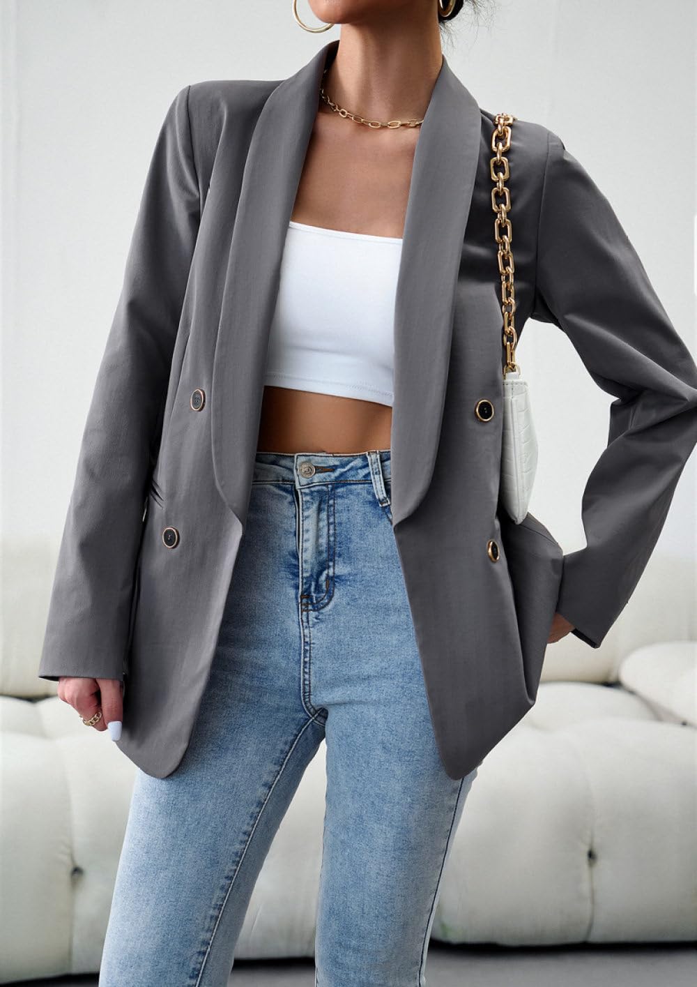 Damenanzüge,Blazer,Grau,Vorne Offen,Strickjacke,Langärmelig,Anzugjacke,Schalrevers,Knopfjacke,Oberteile,Mantel,Freizeit,Arbeit,Festlicher Blazer Anzug Mit Tasche
