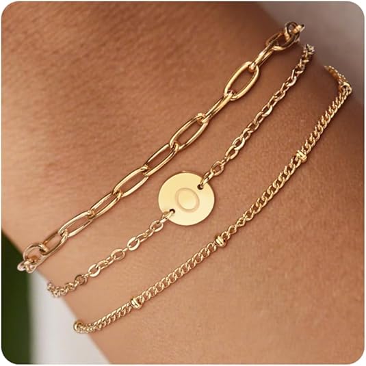 LDOWWGL Gold Initial Bracelets for Women - 18K Gold Plated over Stainless Steel Letter Charm Bracelet with Layered A to Z Design - Birthday Christmas Jewelry Gifts