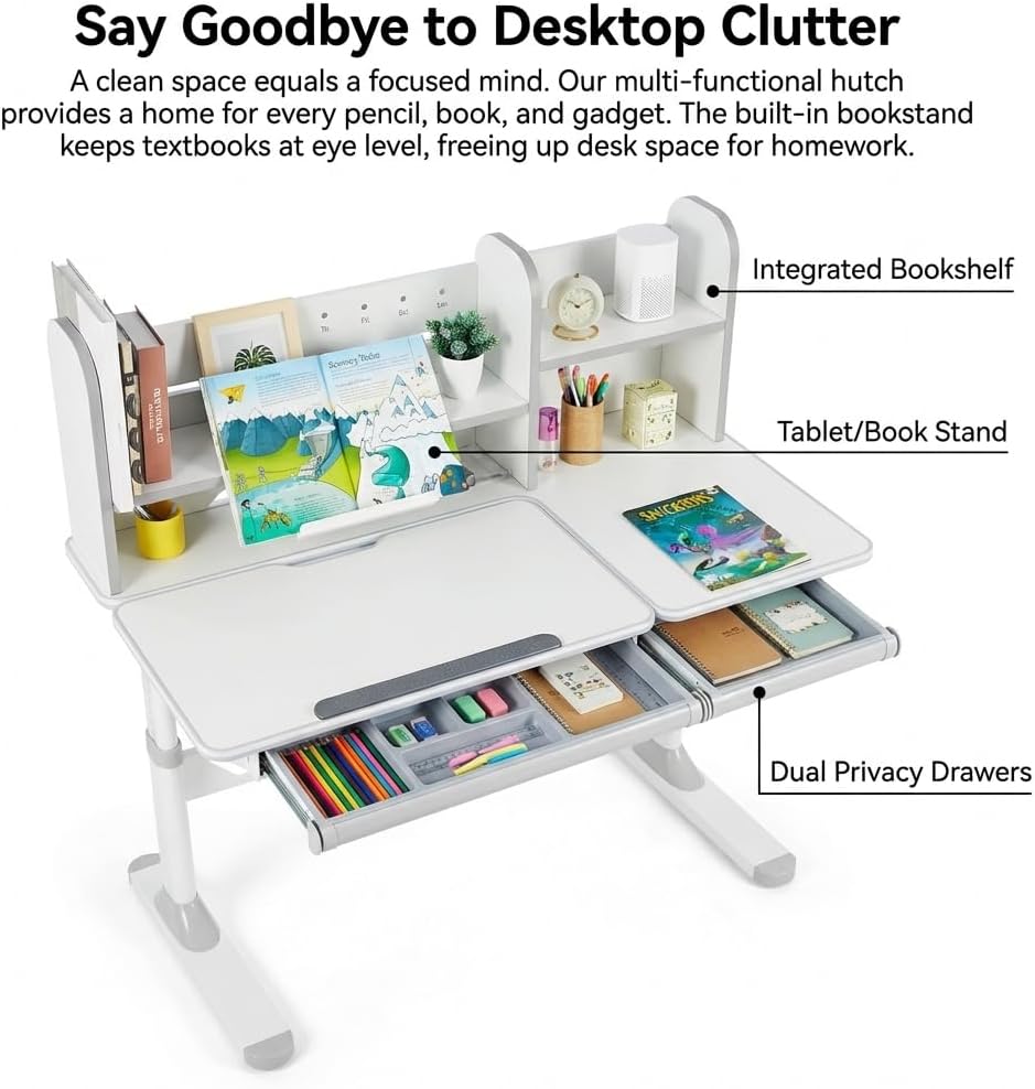 JOYLDIAS Ergonomic Kids Desk with Hutch, 47" Wide Height Adjustable Study Table for Home School, Anti-Hunchback Tilting Desktop for Reading & Drawing, Durable Student Learning Center for Boys & Girls