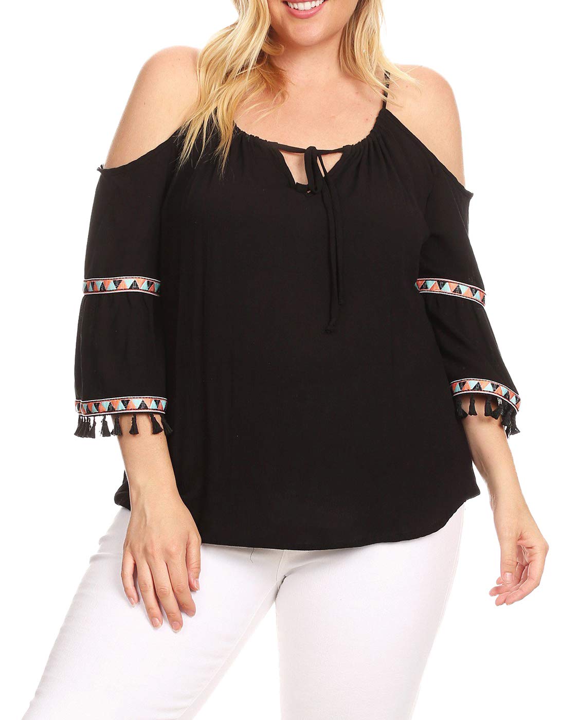 eVogues Plus Size Cold Shoulder Bell Sleeve Top Black