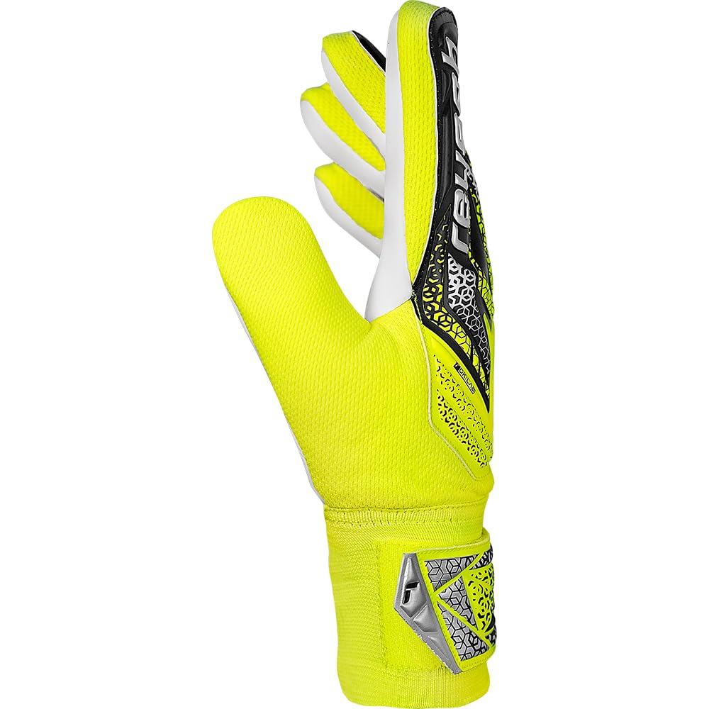 Reusch Attrakt Starter Solid Junior Goalie Gloves, Soccer Goalkeeper Gloves Breathable, Durable, for Artificial Grass & Hard Surfaces, Kids, Youth, Size 3, Yellow & Silver