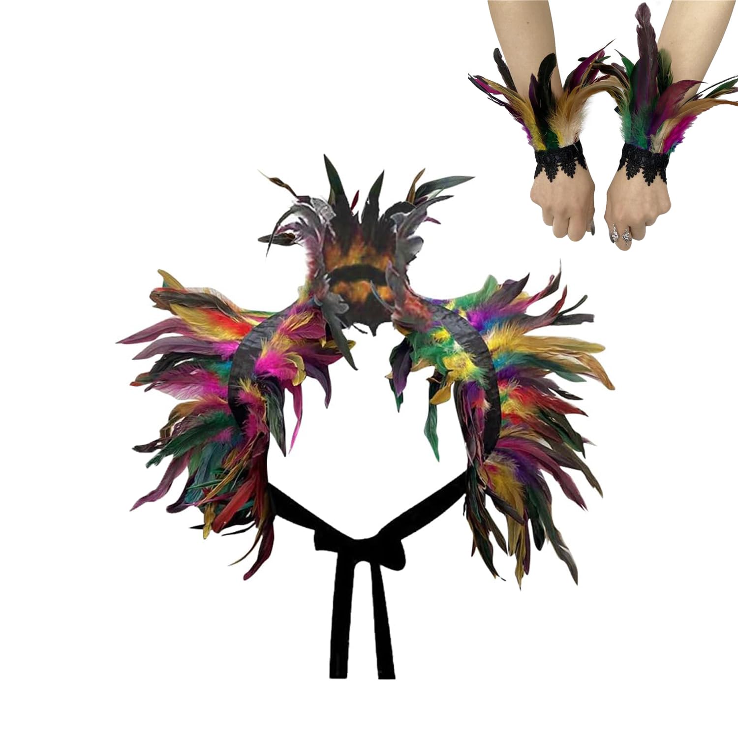 ITODA Gothic Feather Shawl with Wristband Crow Costume Natural Feather Cape Shawl Collar Feather Epaulet Shrug Poncho for Halloween Cosplay Party Evening Dress