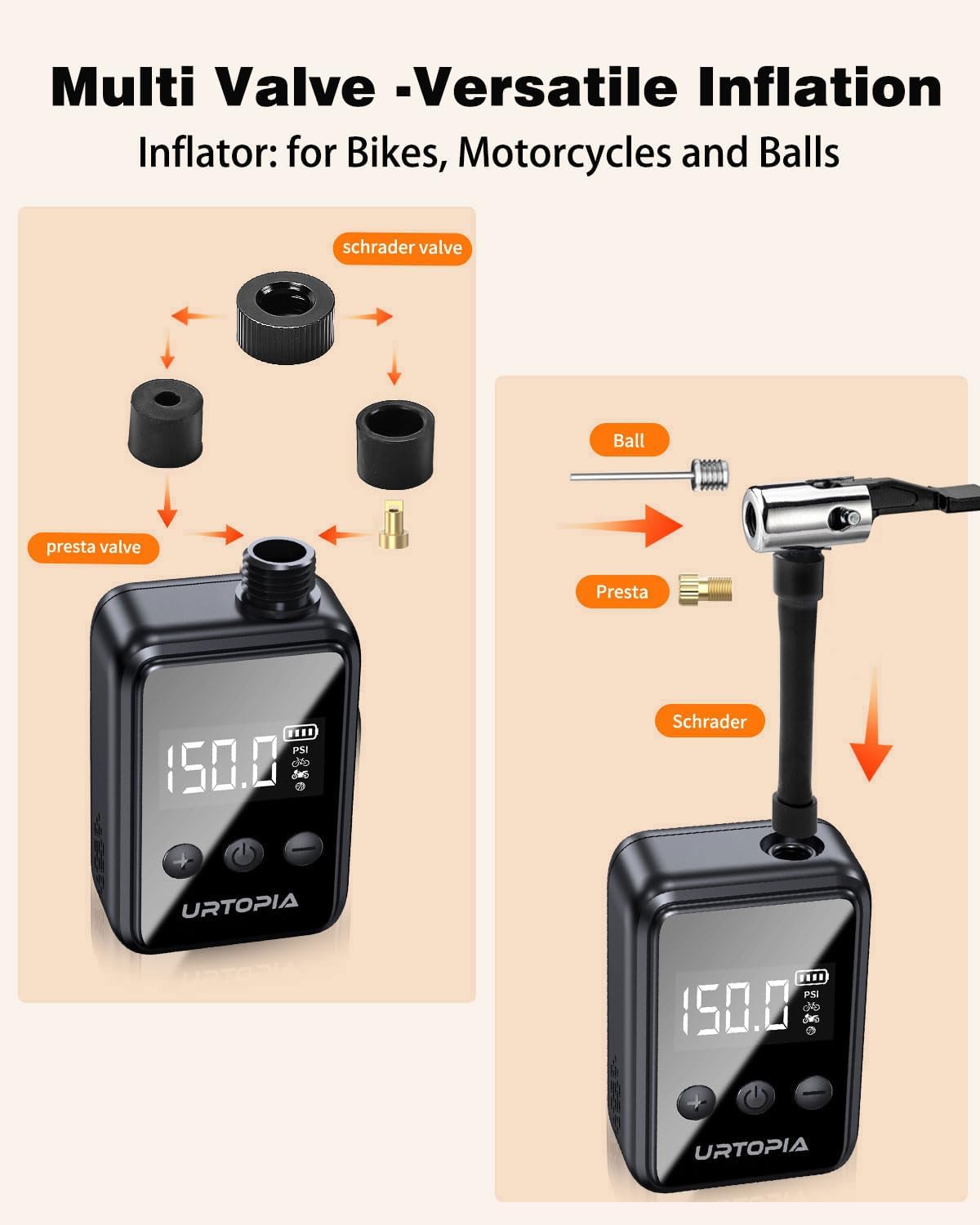 URTOPIA Mini Bike Tire Pump, Fast Inflate Bicycle Pump with Gauge, Rechargeable 150PSI Portable Electric Bike Air Pump with Presta and Schrader Valve for Road Bike, Ebike, Motorcycle, Ball - Image 3