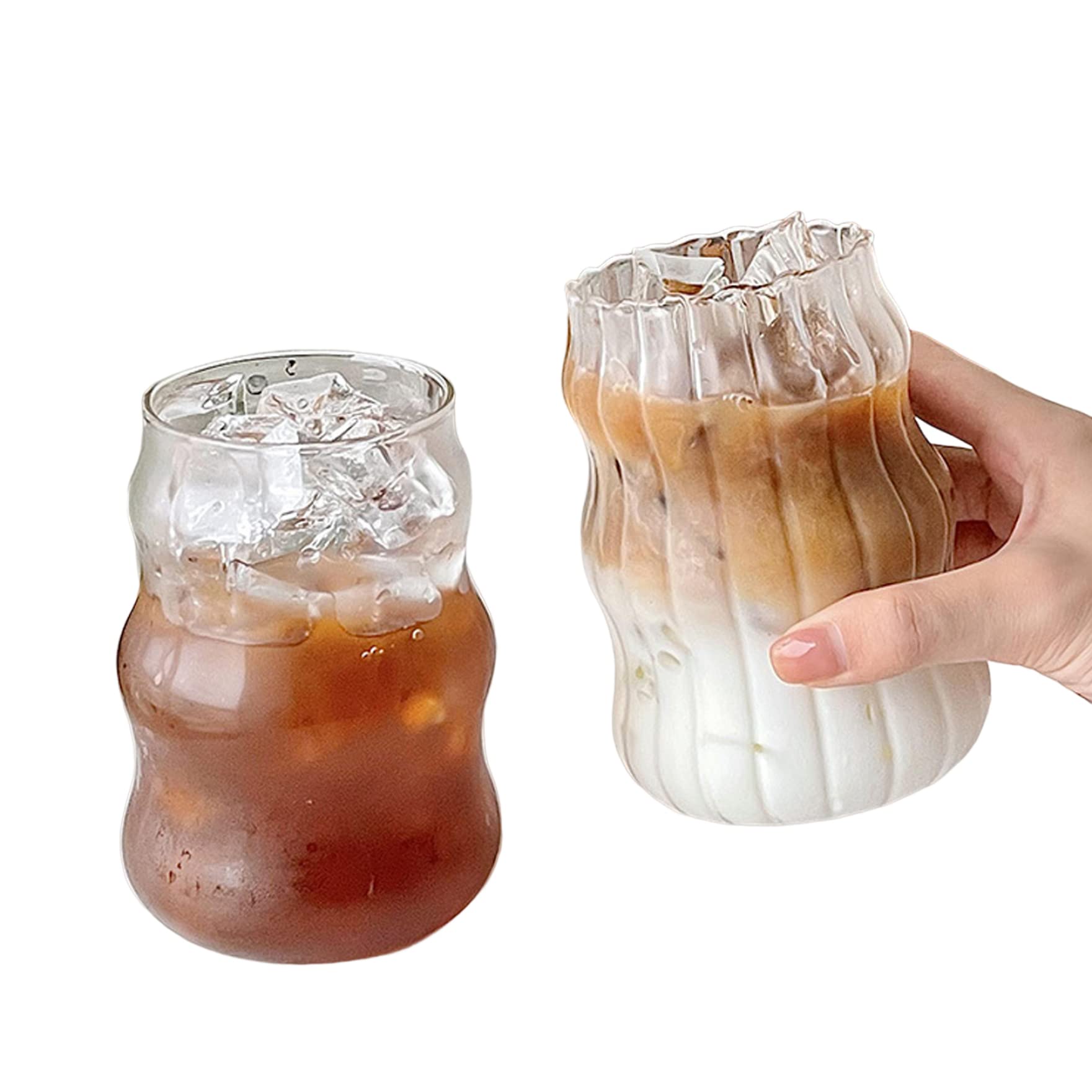 Eaarliyam Clear Glass Cups, 2PCS Ripple Shaped Drinking Glasses, Iced Coffee Glass Cups, Clear Beer Drinking Glasses for Home Kitchen Juice Water