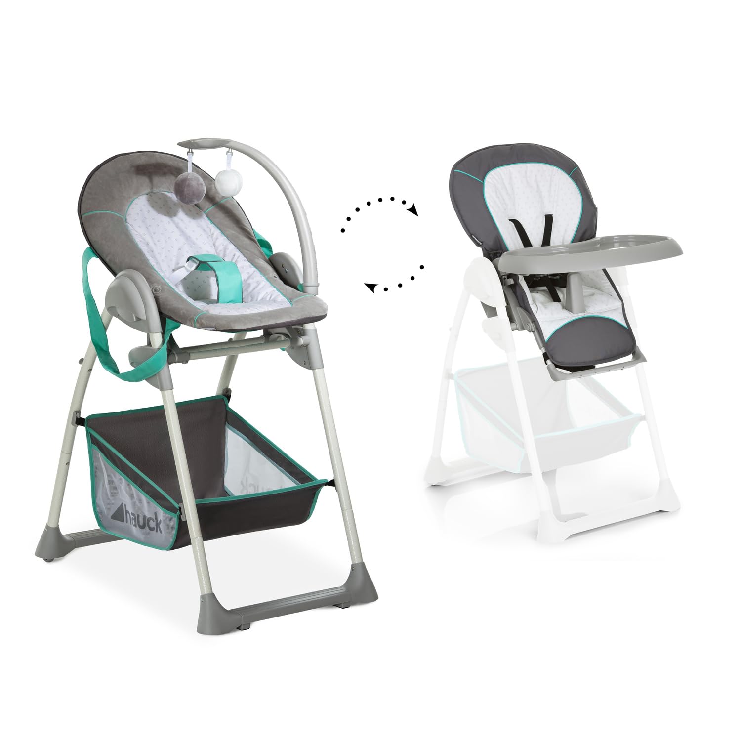 hauck Hochstuhl mit Babyliege Sit N Relax 2in1 ab Geburt bis 15 kg, Höhenverstellbarem Gestell mit Rollen, XL Korb, Essbrett, Klappbar, Verstellbar, Spielebogen (Hearts)